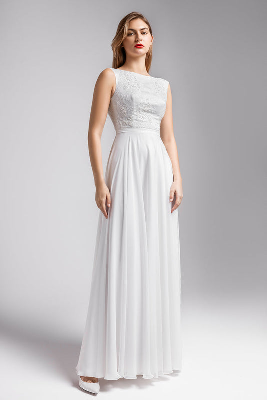 SATIN A-LINE WEDDING DRESS DESIREE WITH LACE BODICE AND OPEN BACK