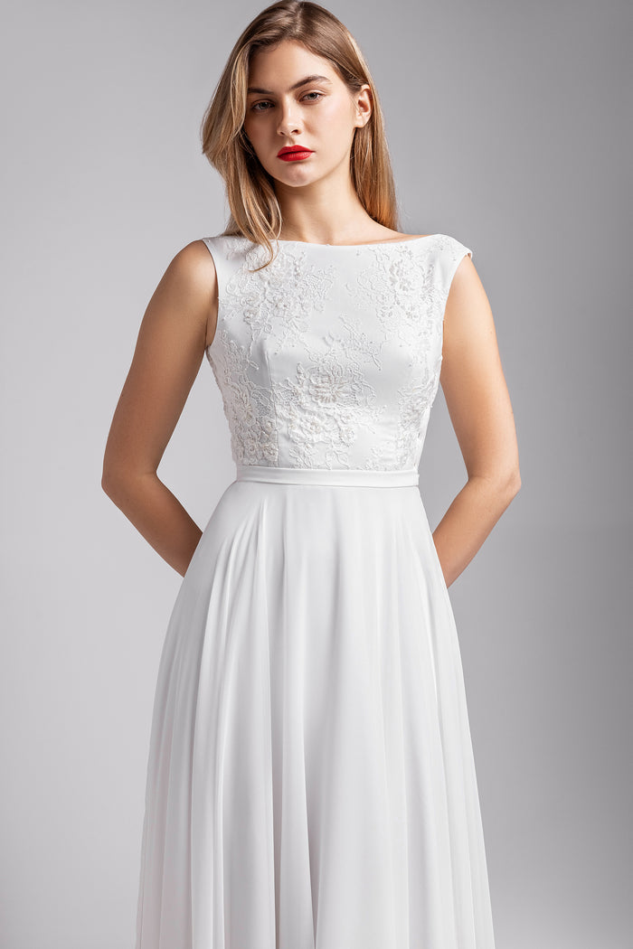 SATIN A-LINE WEDDING DRESS DESIREE WITH LACE BODICE AND OPEN BACK