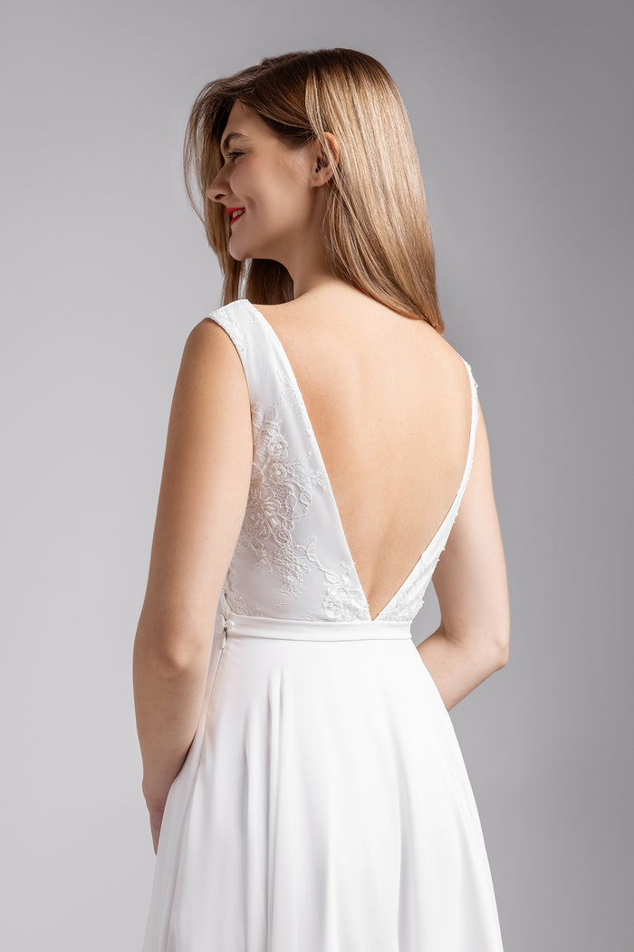 SATIN A-LINE WEDDING DRESS DESIREE WITH LACE BODICE AND OPEN BACK