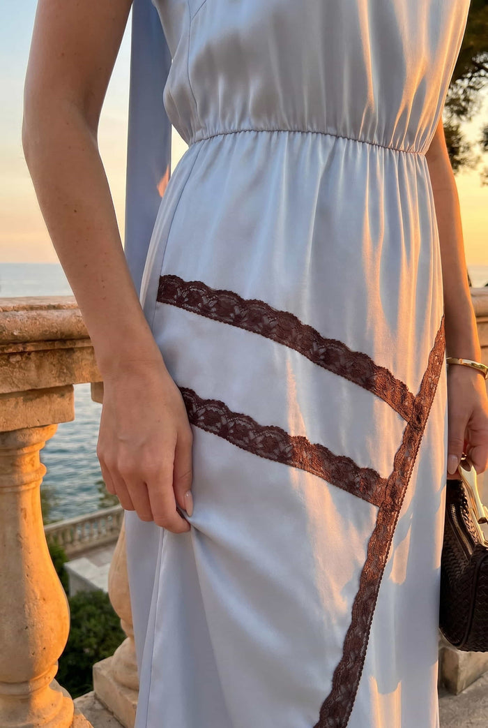 Satin and Lace Mix Tie Neck Dress
