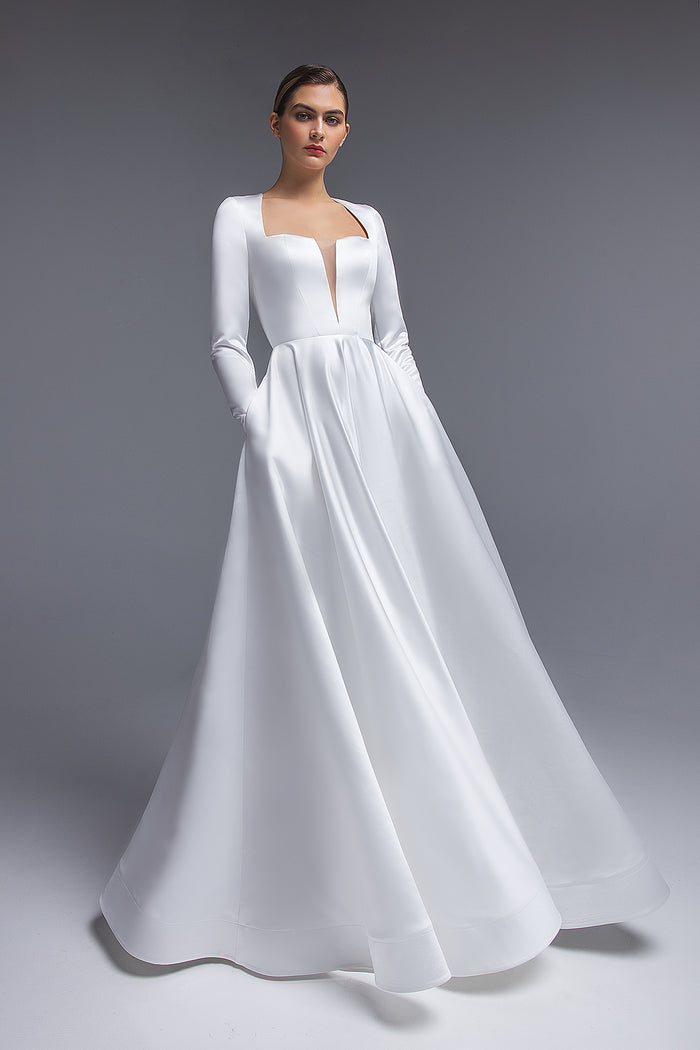Satin Wedding Dress With Long sleeves And Open Back Linda