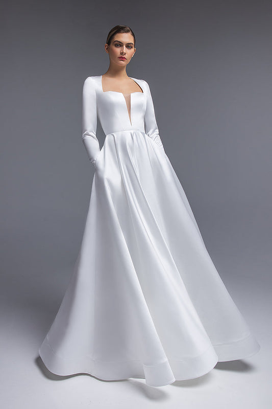 Satin Wedding Dress With Long sleeves And Open Back Linda