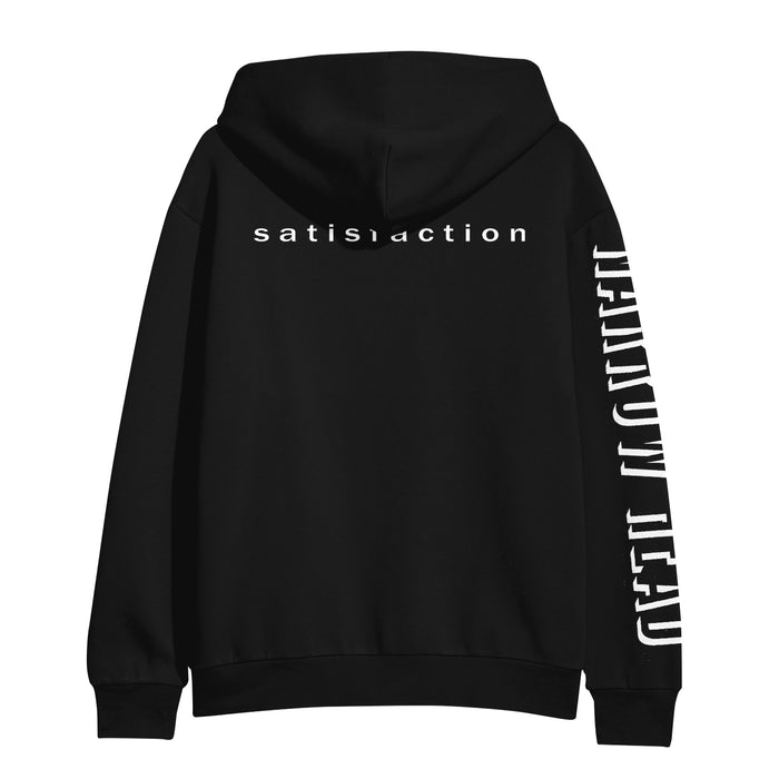 Black hoodie by Narrow Head in soft ringspun cotton, featuring “satisfaction” in white lowercase on the back and bold white PARANOIA HEAD text down the right sleeve.