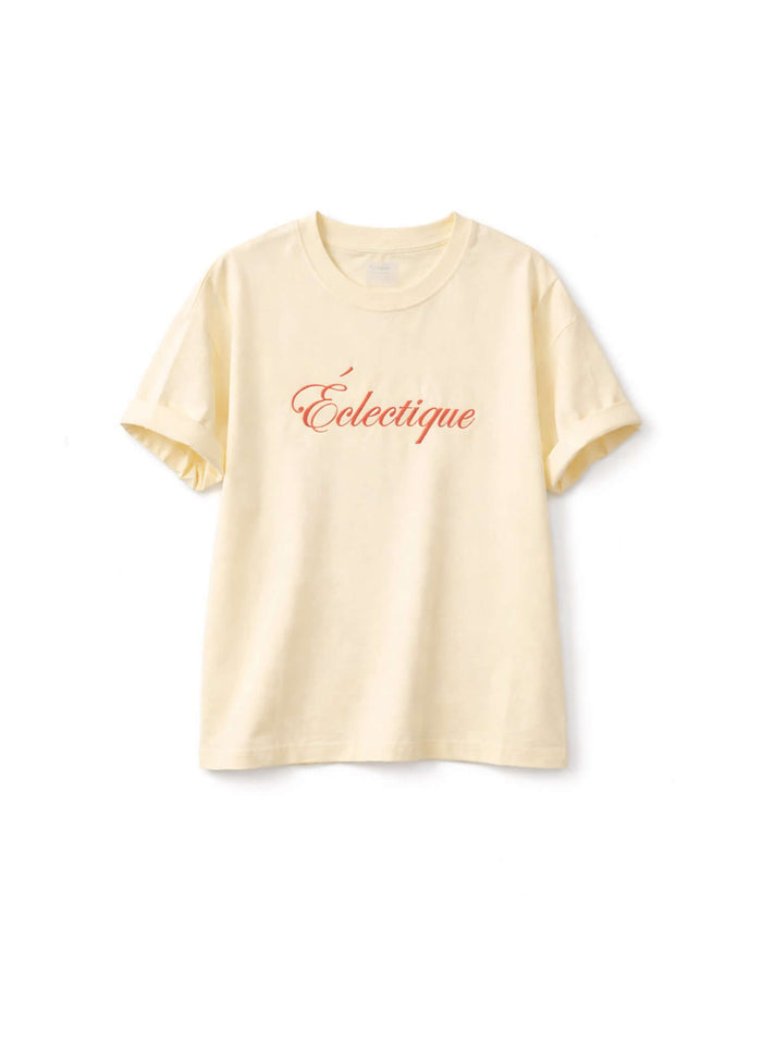 Script logo embroidered cotton t-shirt in French vanilla with Éclectique logo on chest.