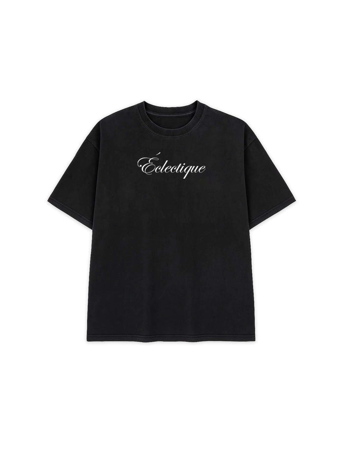 Script logo t-shirt in acid-wash black featuring relaxed boxy fit and ribbed crewneck.