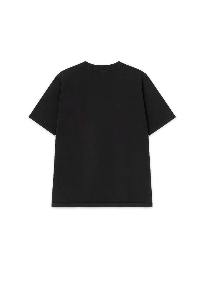 Back view of a black acid-wash heavyweight script logo t-shirt featuring a relaxed boxy fit and ribbed crewneck.
