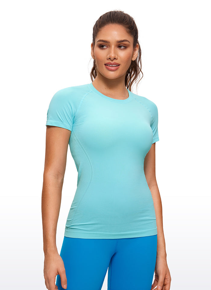 CRZ YOGA Women's Running Classic Fit Shirts Seamless Short Sleeves Turquoise2