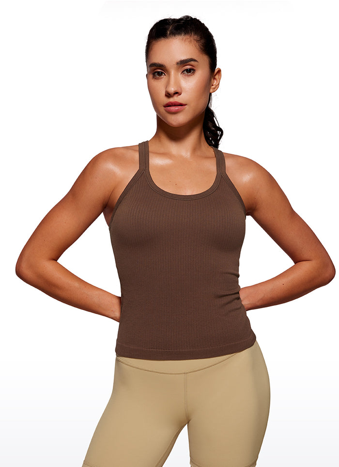 CRZ YOGA Women's Yoga Slim Fit Seamless Tank Crew Neck Waist Length Coffee Brown