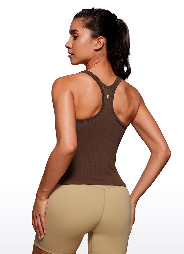 CRZ YOGA Women's Yoga Slim Fit Seamless Tank Crew Neck Waist Length Coffee Brown