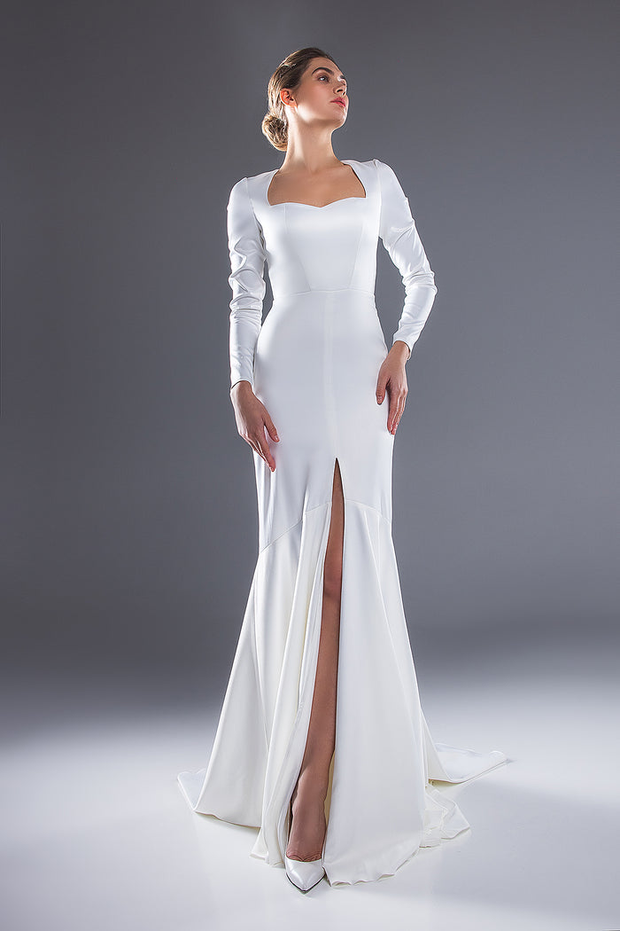 Sheath Satin Wedding Dress Sylvie With Long sleeves