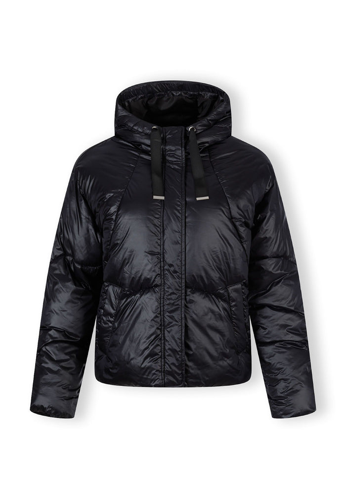 Women's short black insulated hooded jacket with a full-length zipper and two side pockets.