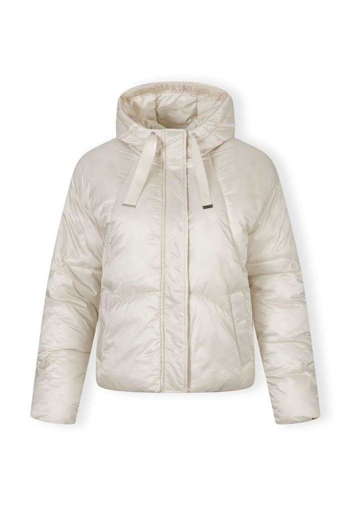 Women short padded jacket with hood, curved stitching detail, grey finish.