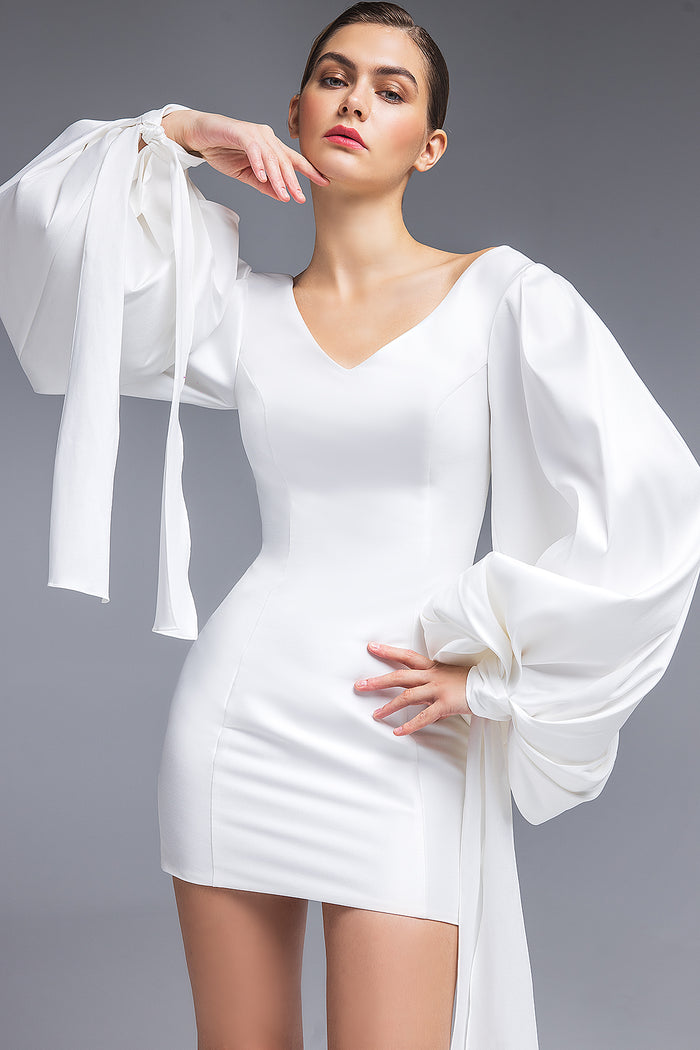 Short Satin Wedding Dress With Long Sleeves Avery
