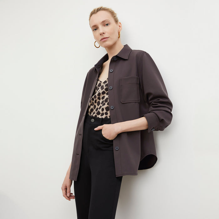 Front image of a woman wearing the Sierra Shacket - Light Scuba in Haze | Lead