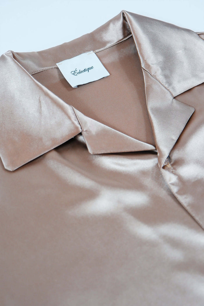 silk bowling shirt collar and Éclectique label in beige silk