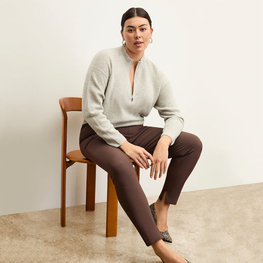 front image of a woman wearing the skinny foster pants in Mahogany | Lead