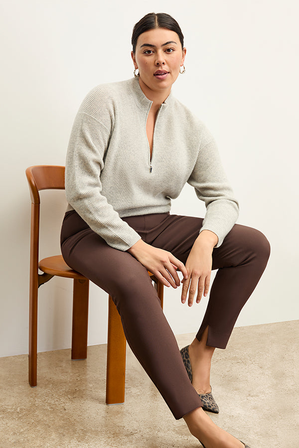 front image of a woman wearing the skinny foster pants in Mahogany | Exclude | Grid Hover