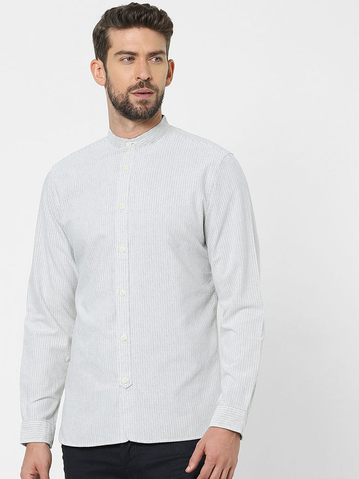 Sky Blue Striped Mandarin Collar Shirt