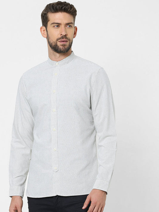 Sky Blue Striped Mandarin Collar Shirt