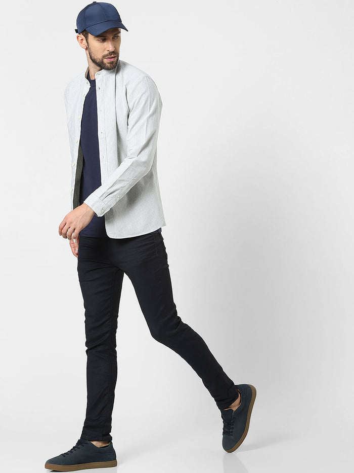 Sky Blue Striped Mandarin Collar Shirt