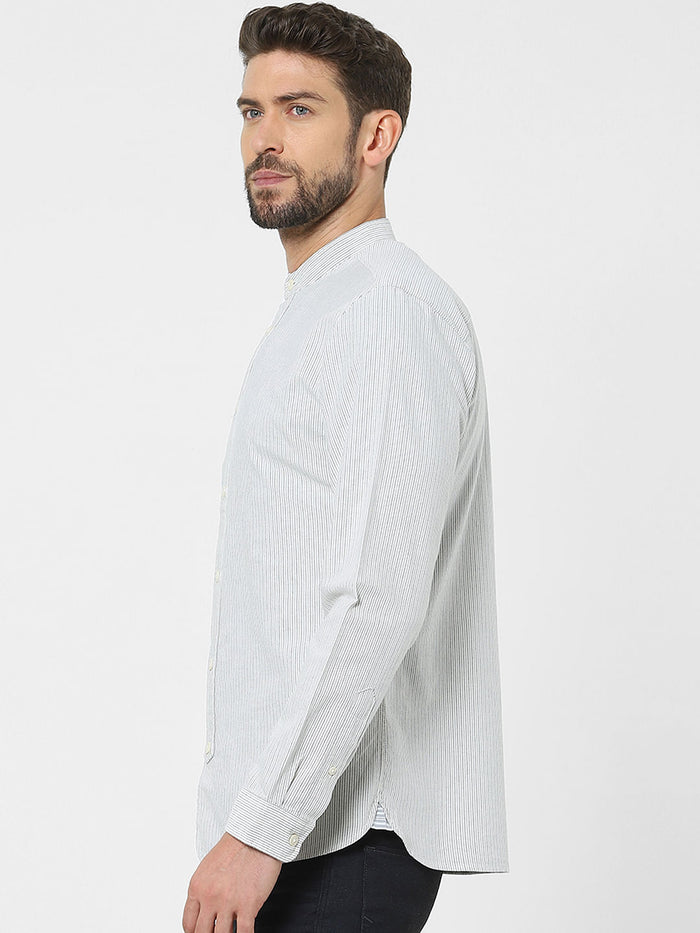 Sky Blue Striped Mandarin Collar Shirt