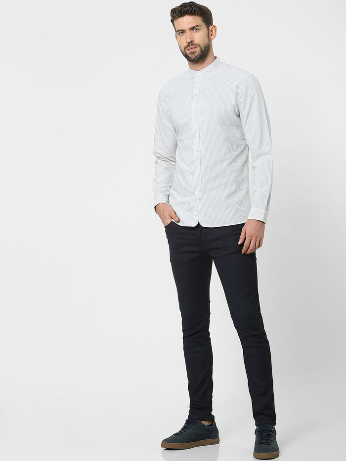 Sky Blue Striped Mandarin Collar Shirt