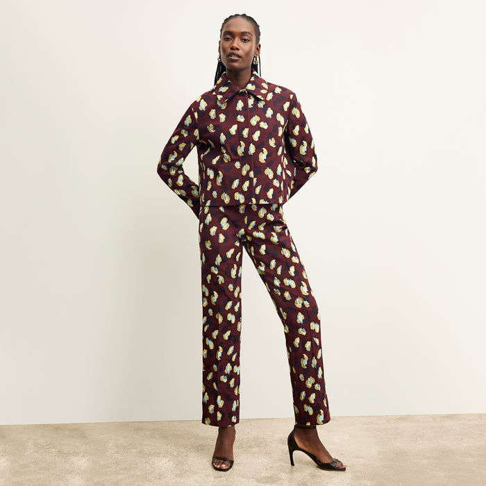 front image of a woman wearing the smith pant in bengal jacquard