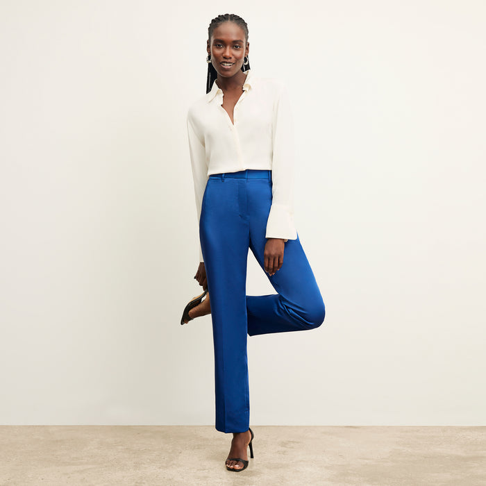 front image of a woman wearing the smith pant in sapphire | Lead