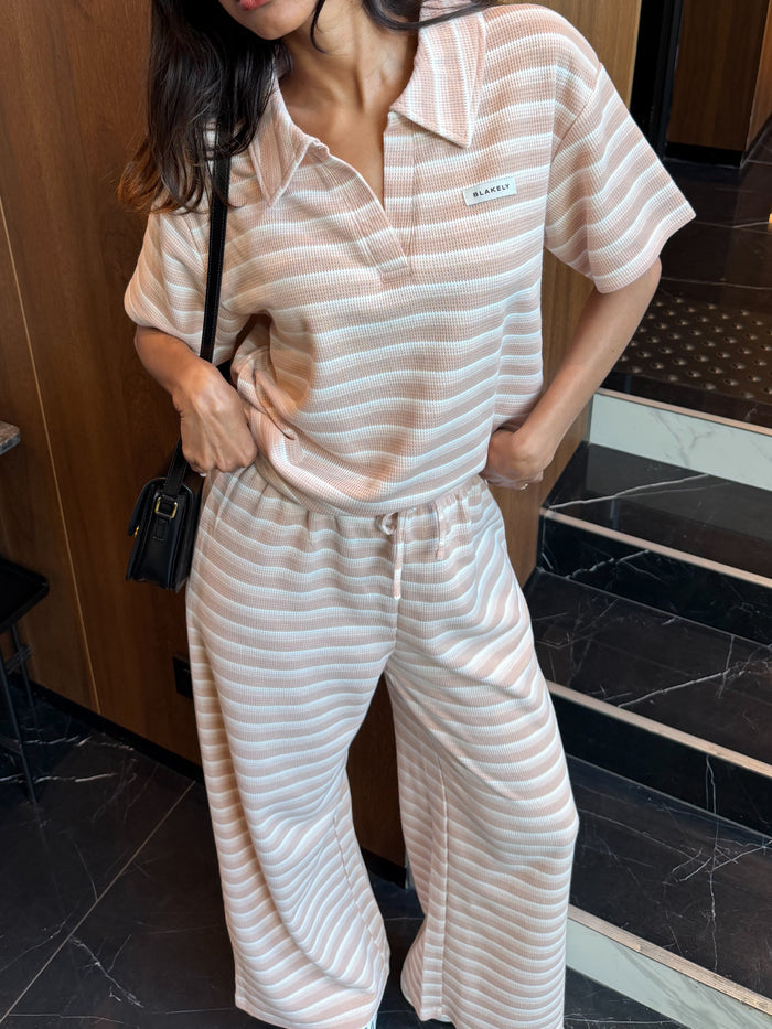 Soft Stripe Waffle Trousers - Peach Stripe