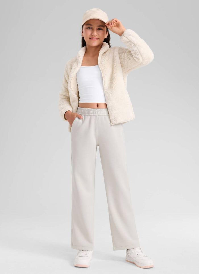 CRZ YOGA Girl's SoftAura High Rise Drastring Pocket Wide Leg sweatpant Milky White