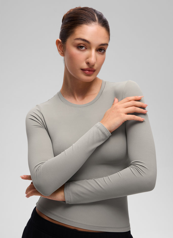 CRZ YOGA Women's Crew Neck Tight Fit Long Sleeve Shirts Casual Tee Rocky Grey