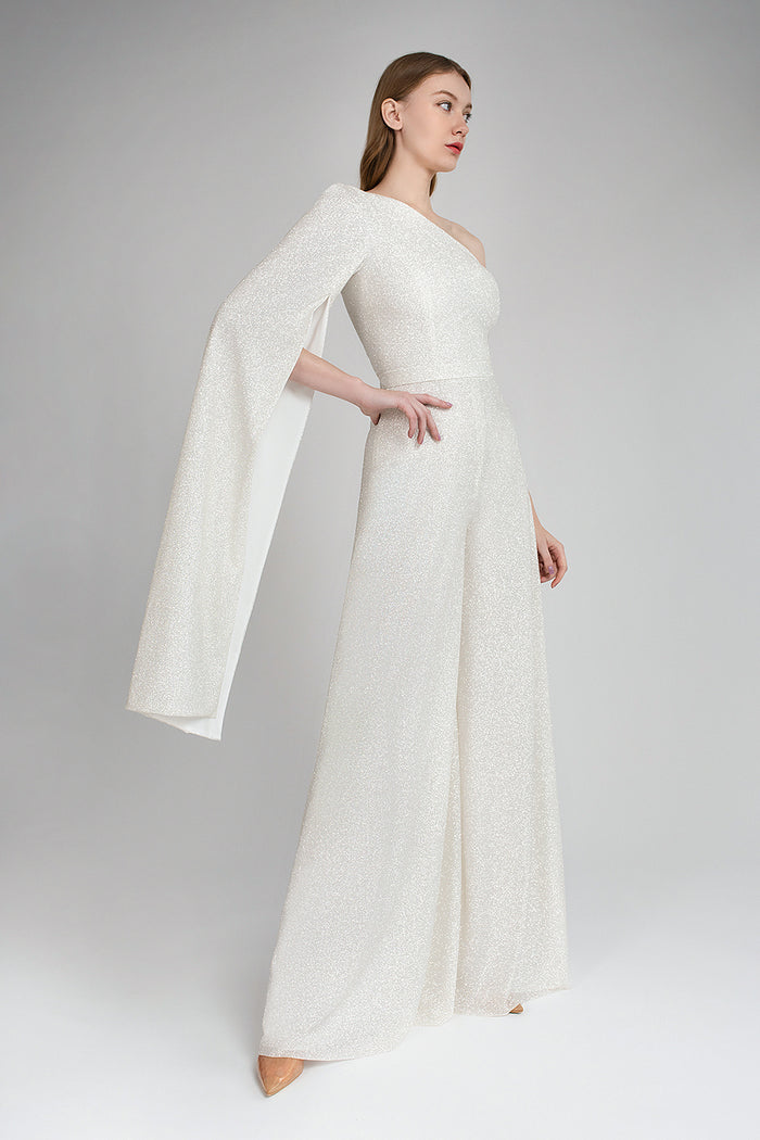 Sparkly Bridal One Shoulder Jumpsuit With Cape Sleeve Siera