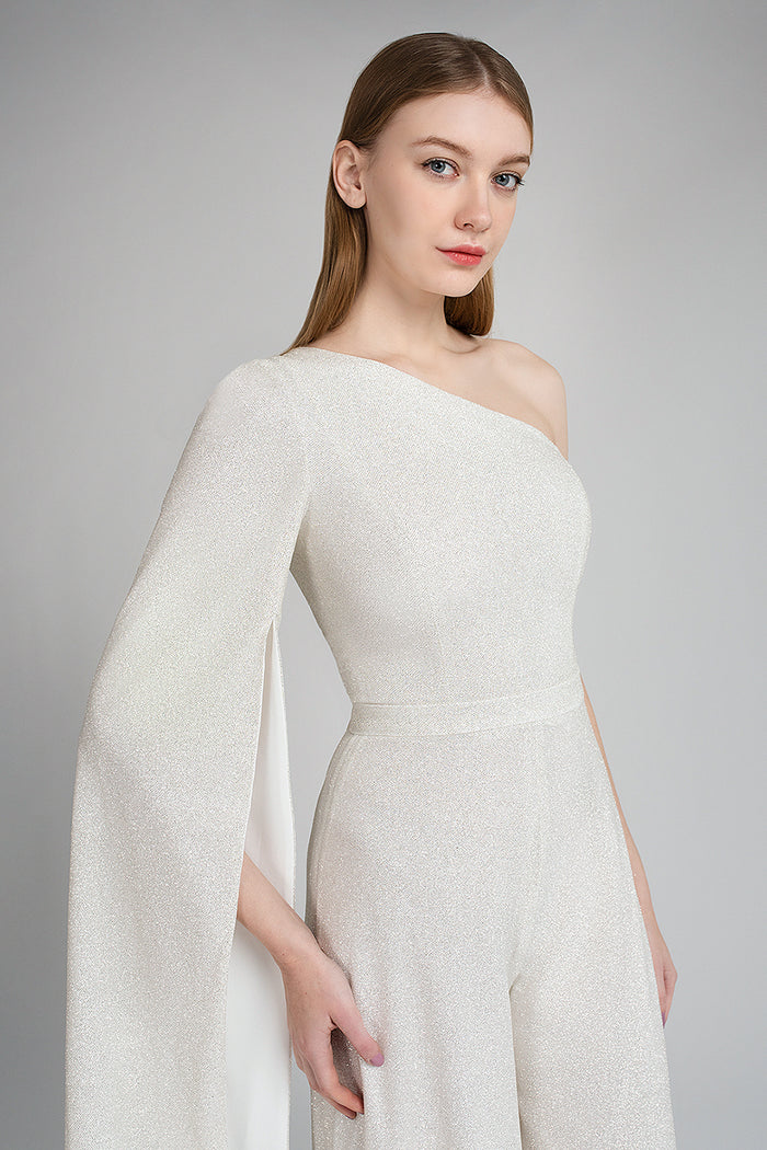 Sparkly Bridal One Shoulder Jumpsuit With Cape Sleeve Siera