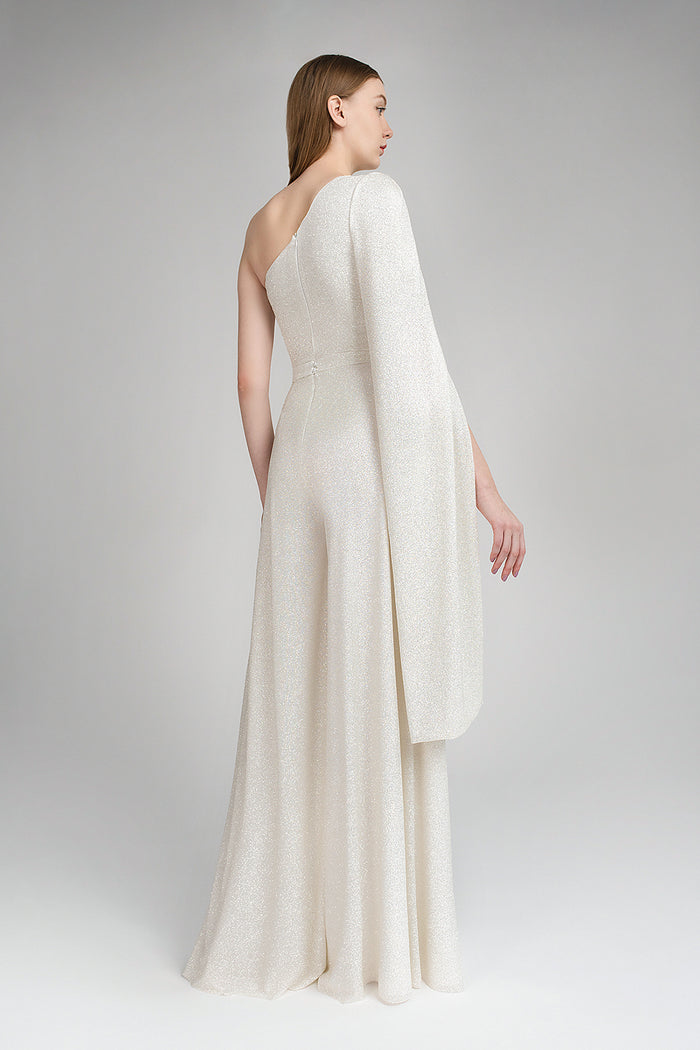 Sparkly Bridal One Shoulder Jumpsuit With Cape Sleeve Siera