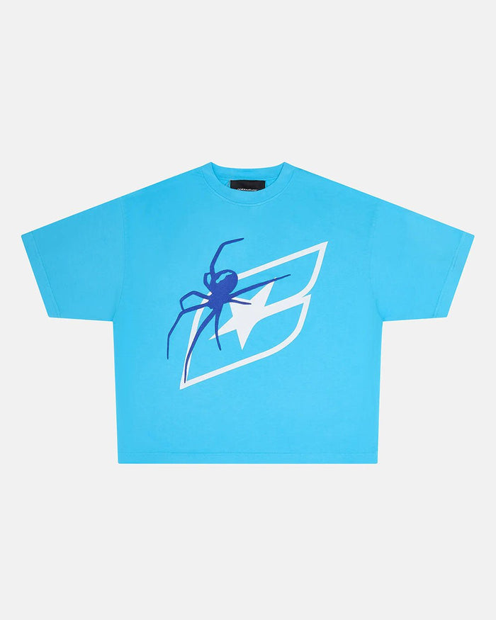 SPIDER TEE BLUE - blue graphic print tee, front view - Cold Culture