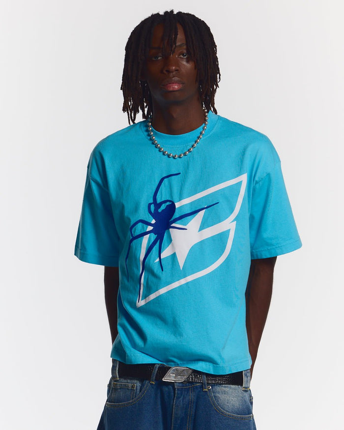 SPIDER TEE BLUE - blue graphic print tee, front view on male model - Cold Culture #man