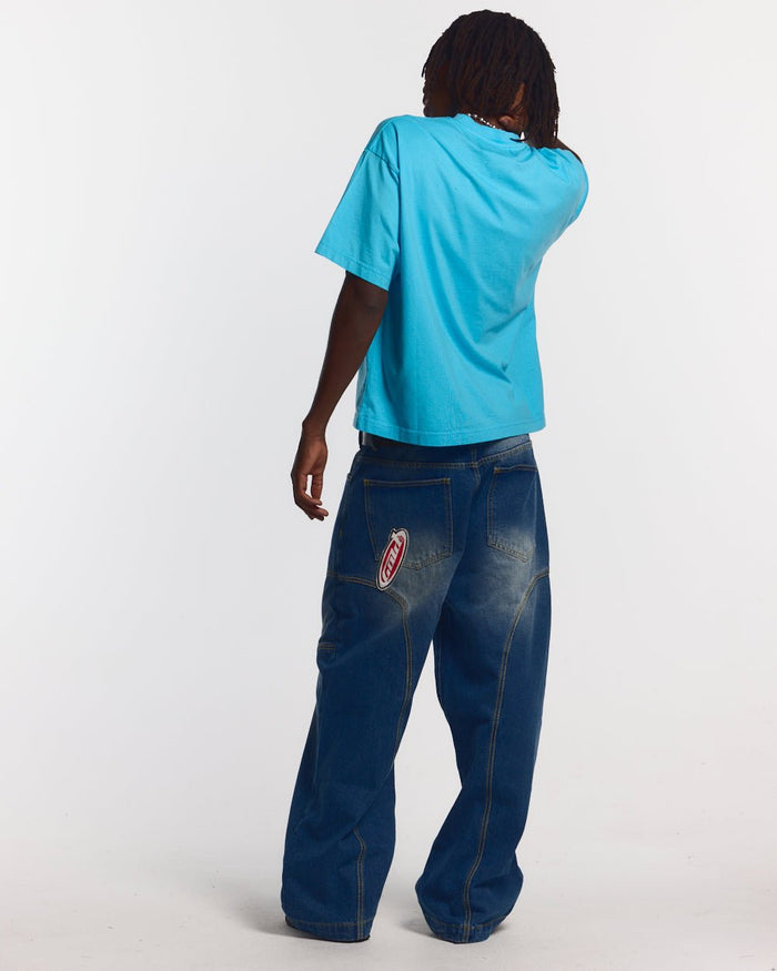SPIDER TEE BLUE - blue graphic print tee, back view on male model - Cold Culture #man