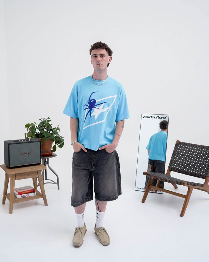SPIDER TEE BLUE - blue graphic print tee, street style shot - Cold Culture