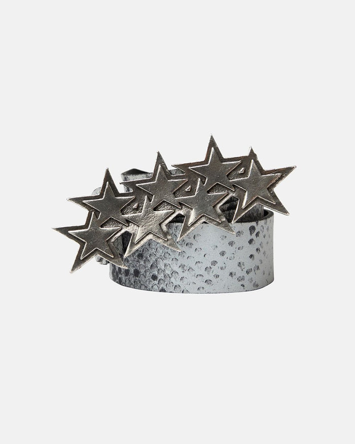 STARS LEATHER BELT BLACK SNAKE - grey snake print leather belt, front view - Cold Culture