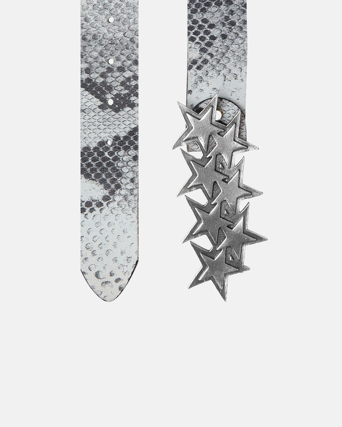 STARS LEATHER BELT BLACK SNAKE - grey snake print leather belt, detail close-up - Cold Culture