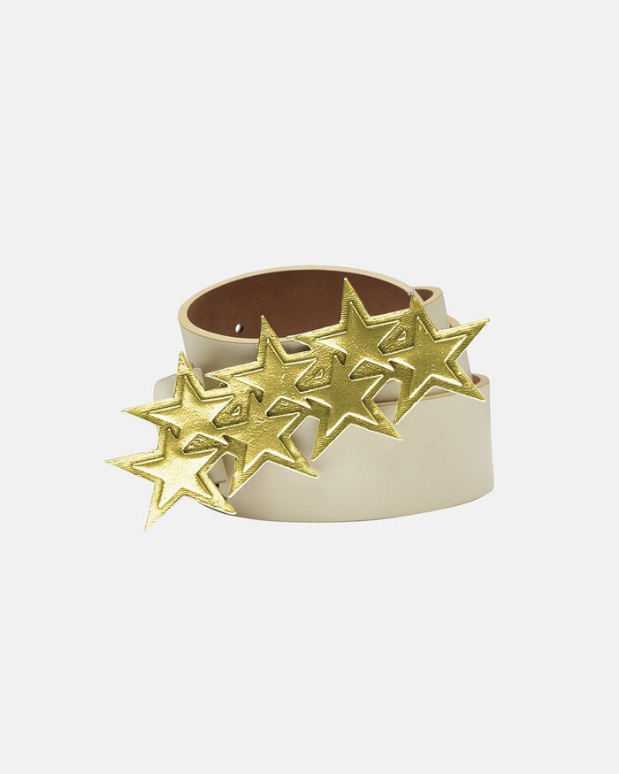 STARS LEATHER BELT CREAM - cream star buckle leather belt, front view - Cold Culture