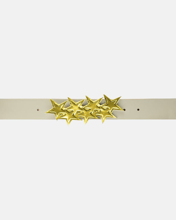 STARS LEATHER BELT CREAM - cream star buckle leather belt, detail close-up - Cold Culture