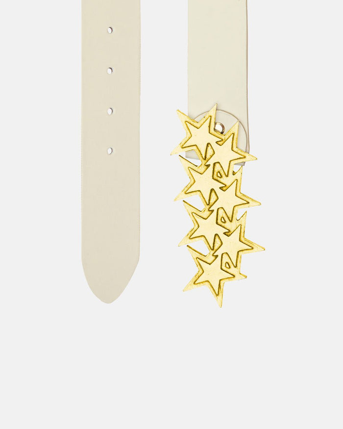 STARS LEATHER BELT CREAM - cream star buckle leather belt, detail close-up - Cold Culture