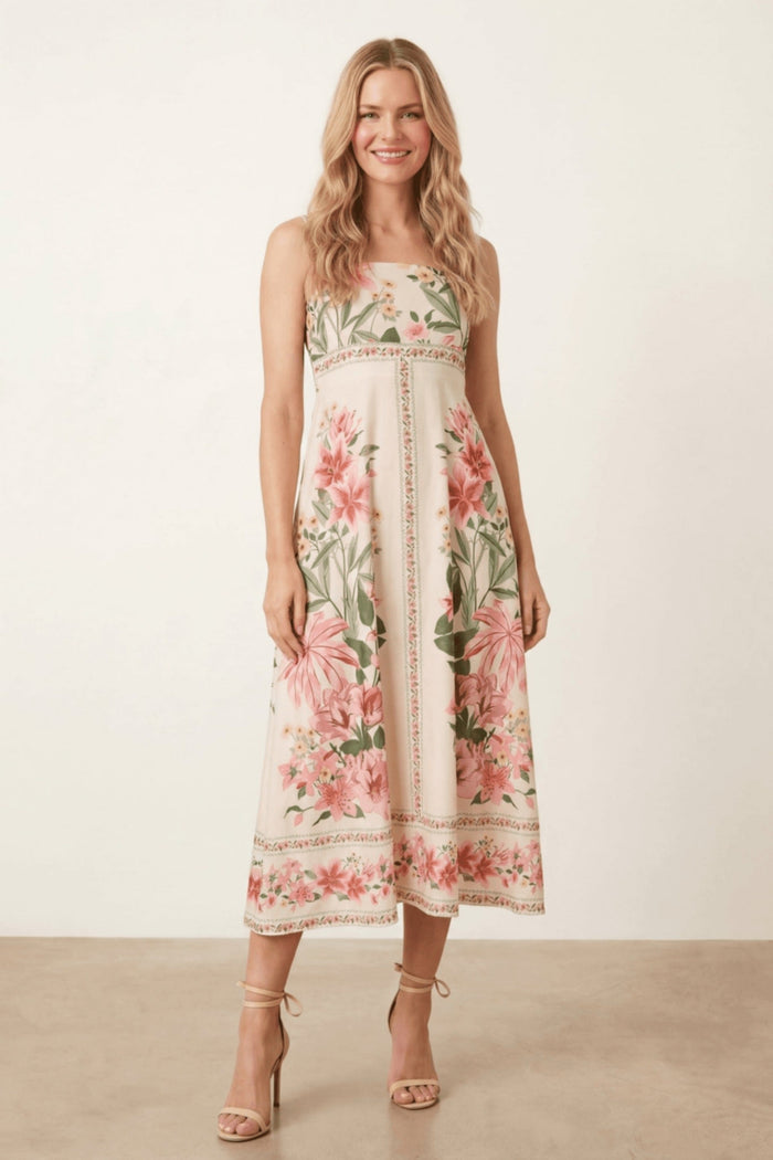 Strappy Scarf Print Floral Dress in Cream and Pink - Style Cheat
