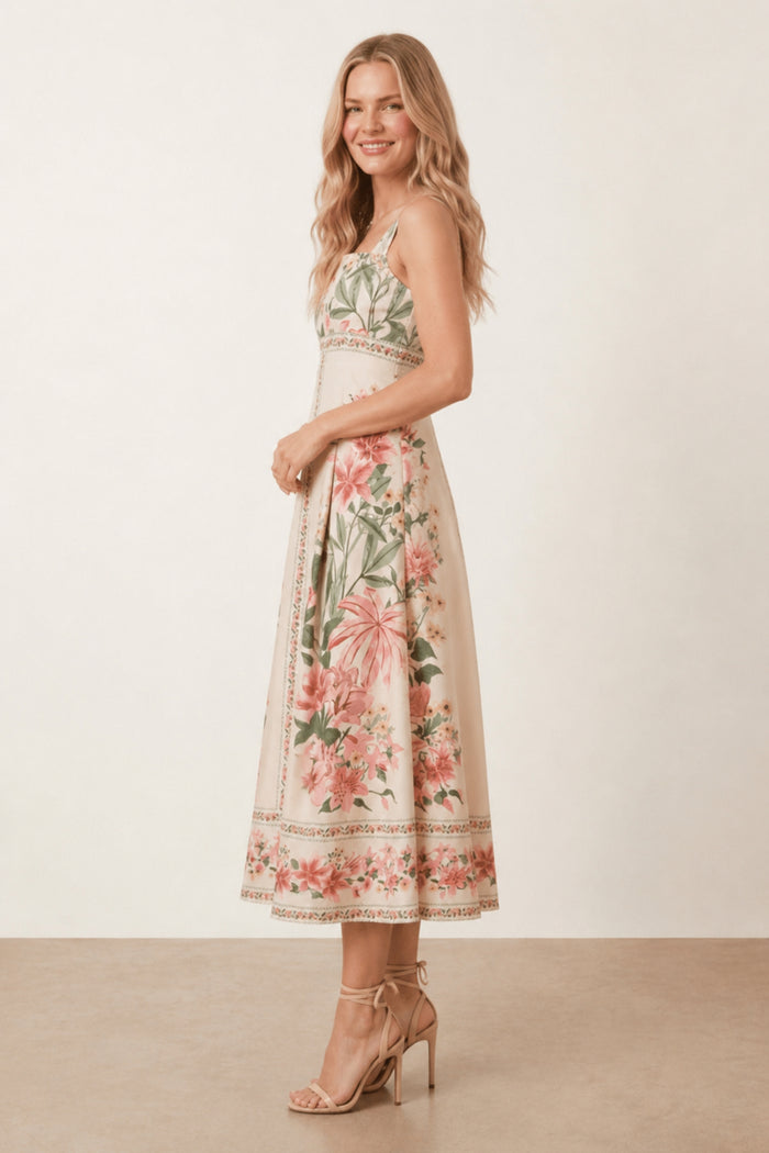 Strappy Scarf Print Floral Dress in Cream and Pink