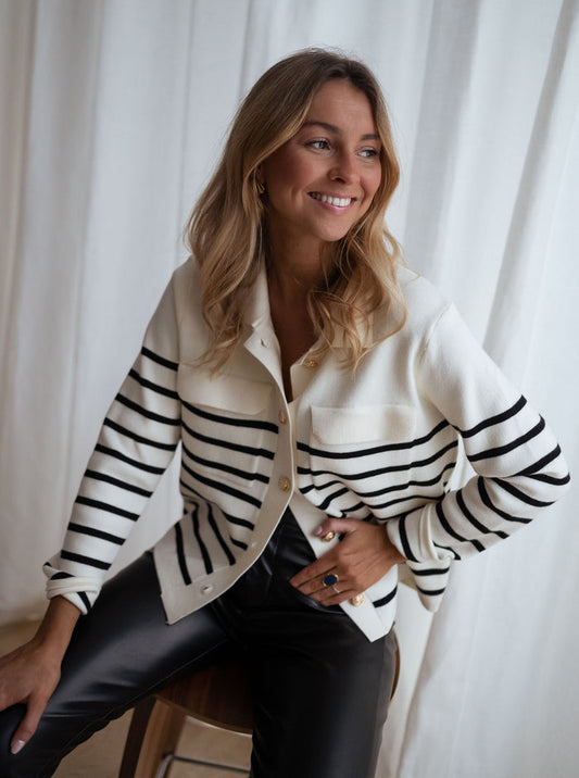 Striped Danie ecru and black breton cardigan, front view