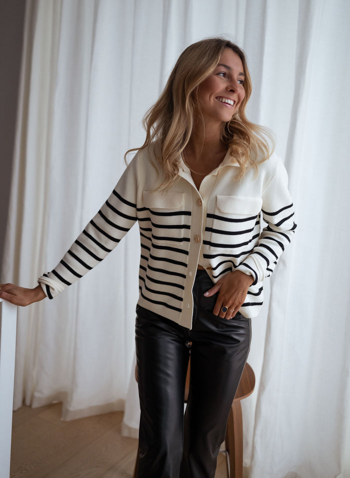 Striped Danie cardigan showing collar and gold buttons