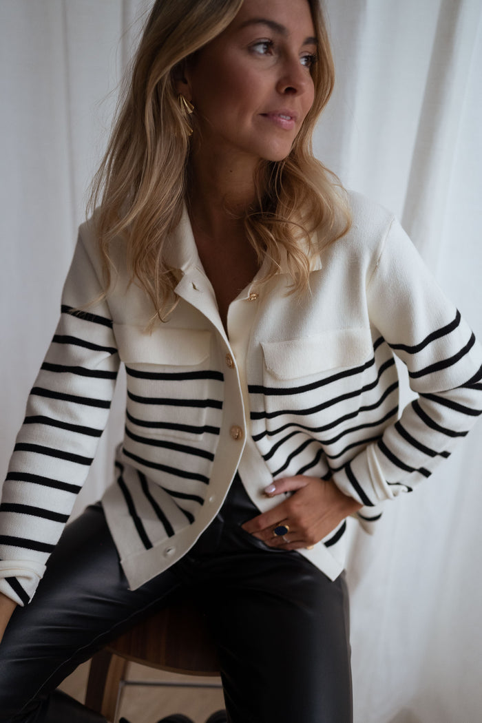 Model wearing striped Danie breton cardigan