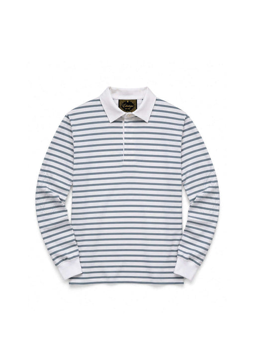 Striped Long Sleeve Rugby Shirt featuring blue-grey stripes and a crisp white collar, ideal for casual menswear.