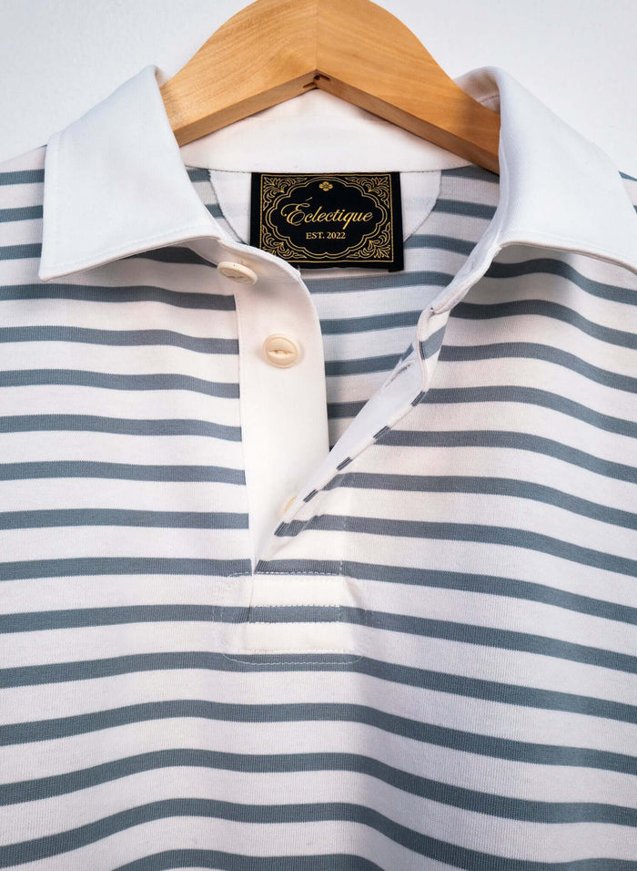 Striped Long Sleeve Rugby Shirt featuring blue-grey horizontal stripes and a crisp white collar